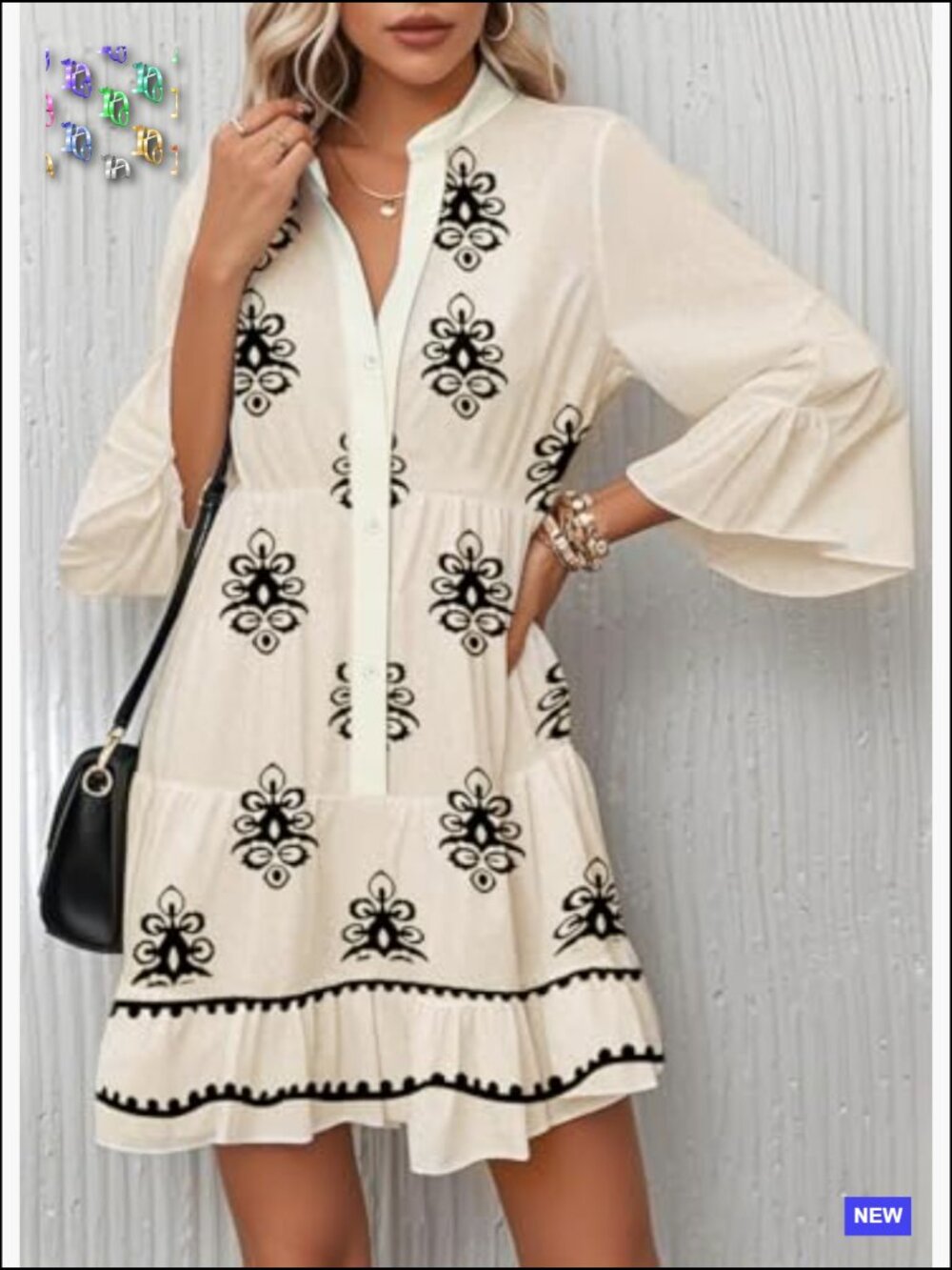 Flowy Ruffle 3/4 Sleeve V Neck Tiered Casual Babydoll Boho Beach Mini Dress - Picture 3 of 4